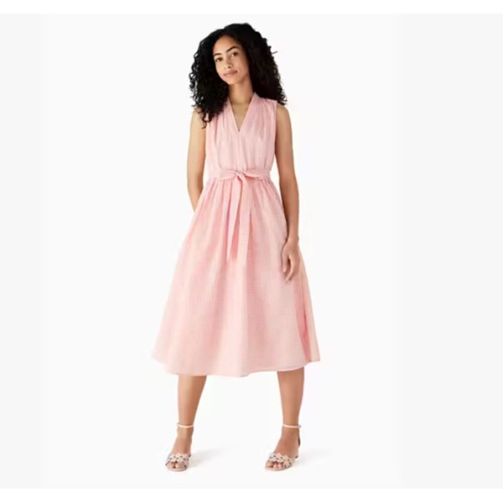 NEW Kate Spade New York Gingham Burnout Dress Dount Pink V Neck Cotton Womens 14